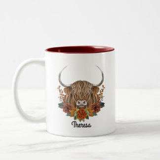 Cute Highland Cow with Fall Flowers Personalised Two-Tone Coffee Mug