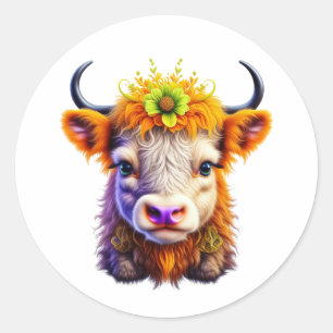 Cute Highland Cow with Flower in Hair Classic Round Sticker