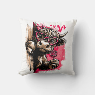 Cute Highland Cow with Heart Glasses and Lollipop Cushion