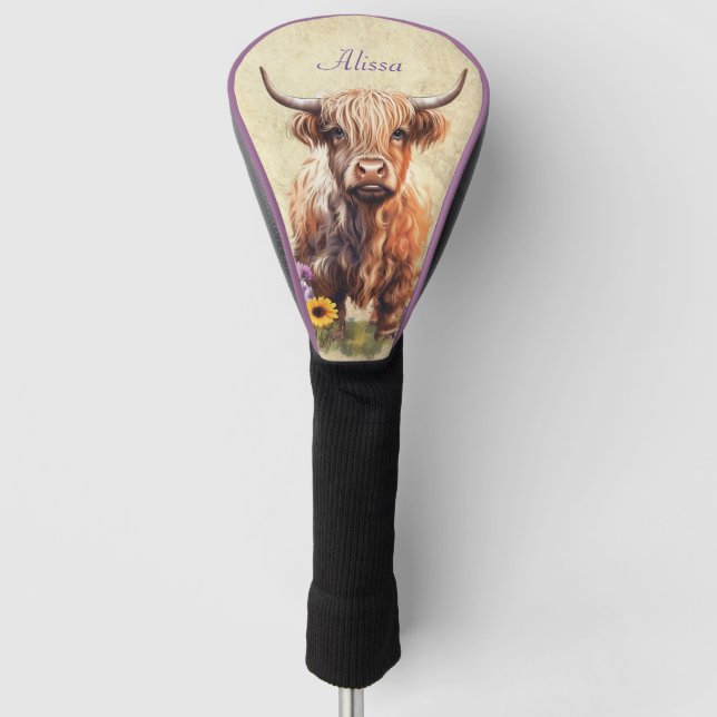 Cute Highland Cow with Name Golf Head Cover (Front)