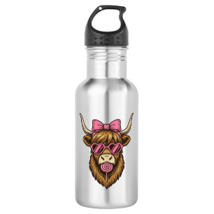 Cute Highland Cow with Pink Heart Glasses Vector_1 532 Ml Water Bottle