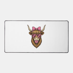 Cute Highland Cow with Pink Heart Glasses Vector_1 Desk Mat
