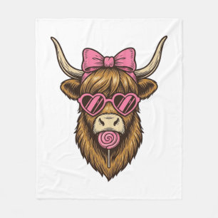Cute Highland Cow with Pink Heart Glasses Vector_1 Fleece Blanket