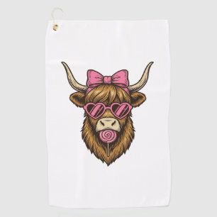 Cute Highland Cow with Pink Heart Glasses Vector_1 Golf Towel