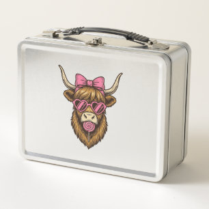 Cute Highland Cow with Pink Heart Glasses Vector_1 Metal Lunch Box