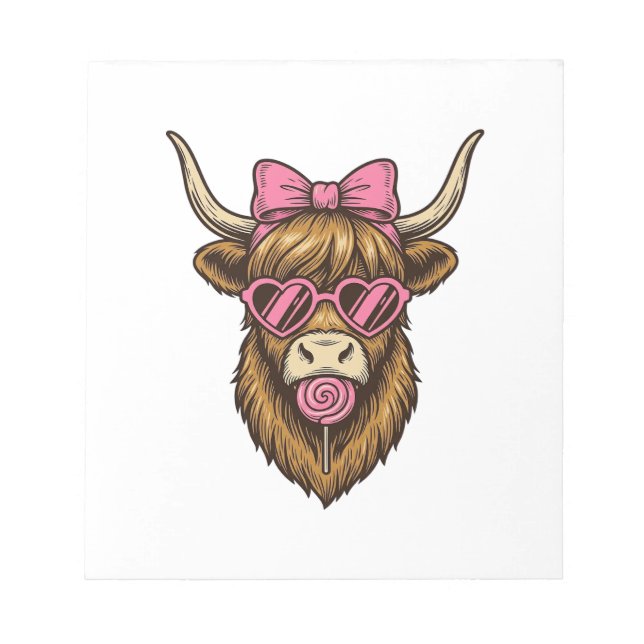 Cute Highland Cow with Pink Heart Glasses Vector_1 Notepad (Front)