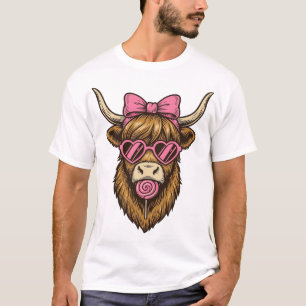 Cute Highland Cow with Pink Heart Glasses Vector_1 T-Shirt