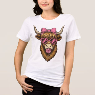 Cute Highland Cow with Pink Heart Glasses Vector_1 Tri-Blend Shirt