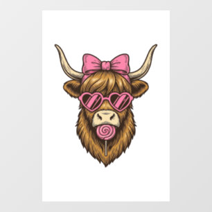 Cute Highland Cow with Pink Heart Glasses Vector_1 Window Cling
