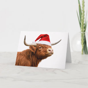 Cute Highland Cow with Santa Hat Christmas Card