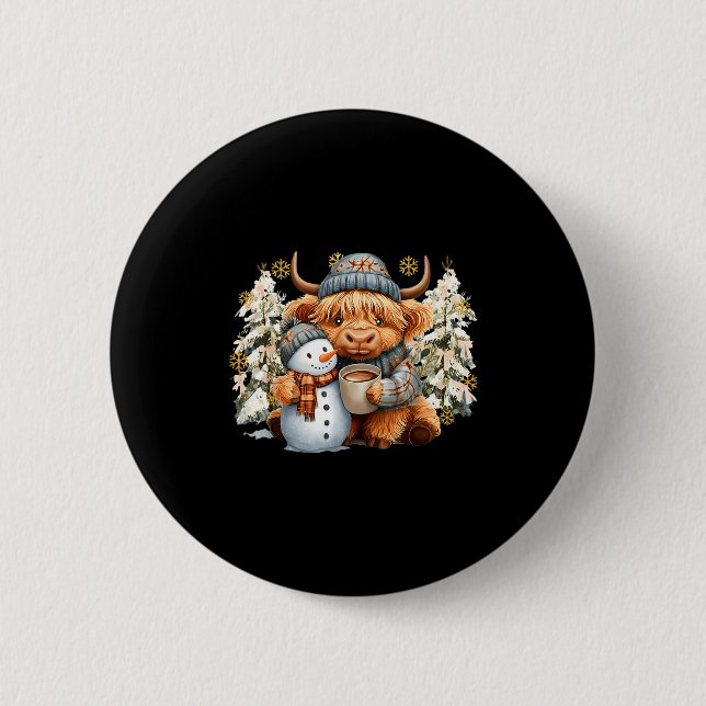 Cute Highland Cow With Snowman Hot Cocoa Christmas 6 Cm Round Badge (Front)