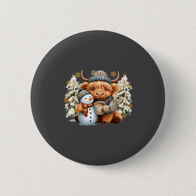 Cute Highland Cow With Snowman Hot Cocoa Christmas 6 Cm Round Badge (Front)