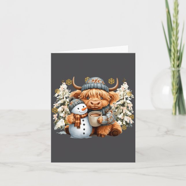 Cute Highland Cow With Snowman Hot Cocoa Christmas Card (Front)
