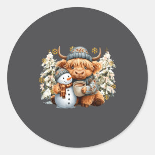 Cute Highland Cow With Snowman Hot Cocoa Christmas Classic Round Sticker