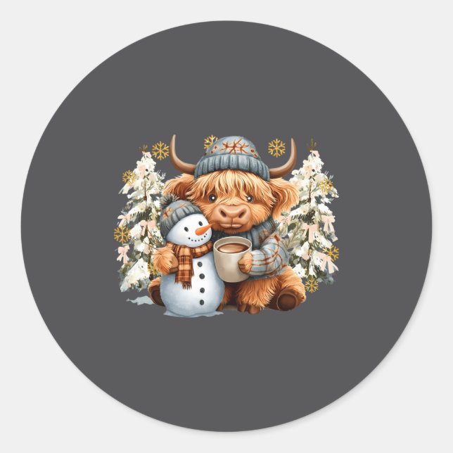 Cute Highland Cow With Snowman Hot Cocoa Christmas Classic Round Sticker (Front)