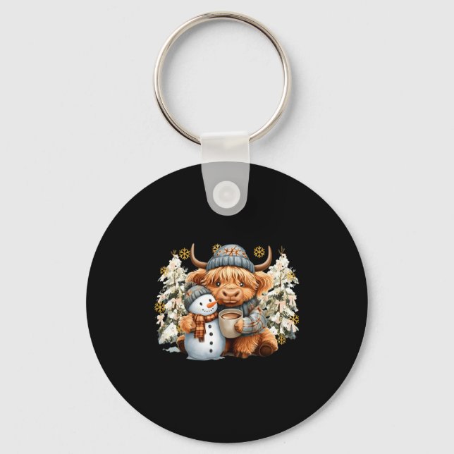 Cute Highland Cow With Snowman Hot Cocoa Christmas Key Ring (Front)