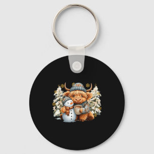 Cute Highland Cow With Snowman Hot Cocoa Christmas Key Ring