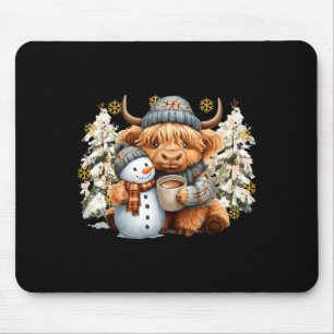 Cute Highland Cow With Snowman Hot Cocoa Christmas Mouse Mat