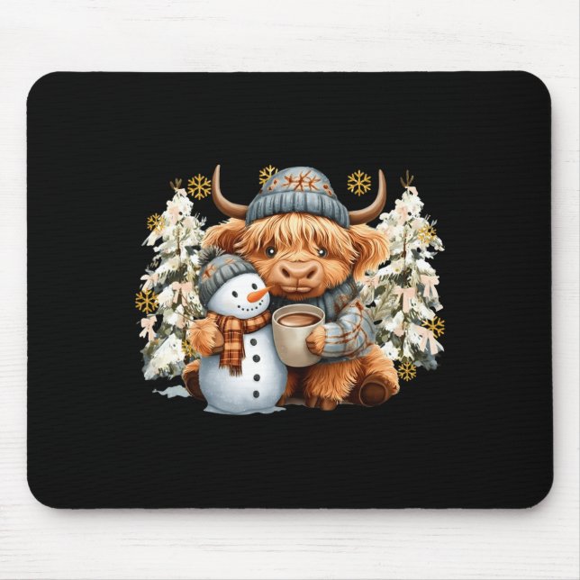 Cute Highland Cow With Snowman Hot Cocoa Christmas Mouse Mat (Front)