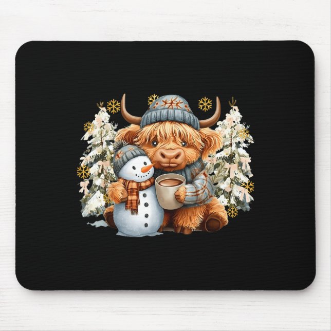 Cute Highland Cow With Snowman Hot Cocoa Christmas Mouse Mat (Front)