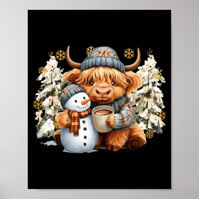 Cute Highland Cow With Snowman Hot Cocoa Christmas Poster (Front)