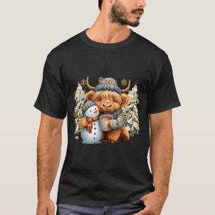 Cute Highland Cow With Snowman Hot Cocoa Christmas T-Shirt