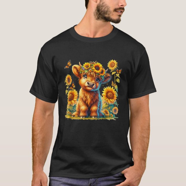 Cute Highland Cow With Sunflower Butterflies Farm  T-Shirt (Front)