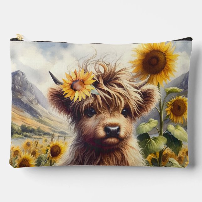 Cute Highland Cow With Sunflowers Accessory Pouch (Front)