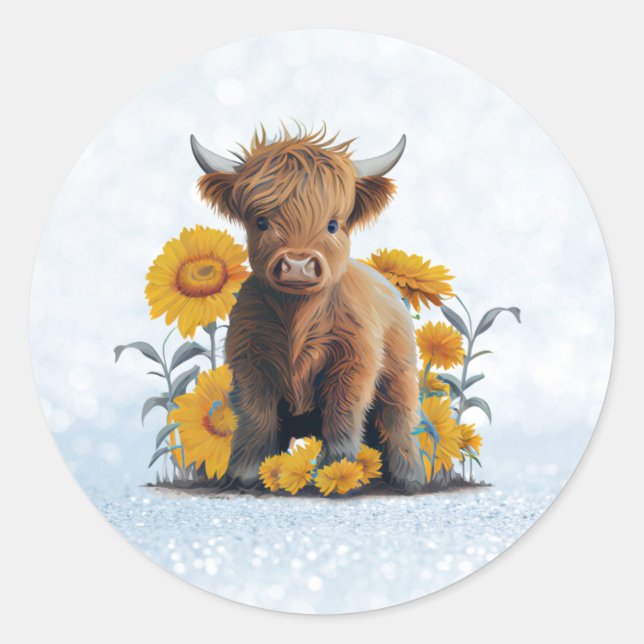 Cute Highland Cow with Sunflowers  Classic Round Sticker (Front)