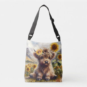 Cute Highland Cow With Sunflowers Crossbody Bag