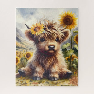Cute Highland Cow With Sunflowers Jigsaw Puzzle