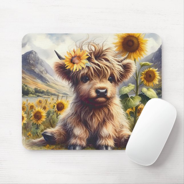 Cute Highland Cow With Sunflowers Mouse Mat (With Mouse)