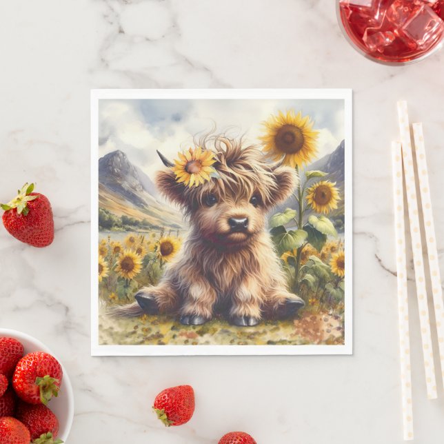 Cute Highland Cow With Sunflowers Napkin (Insitu)