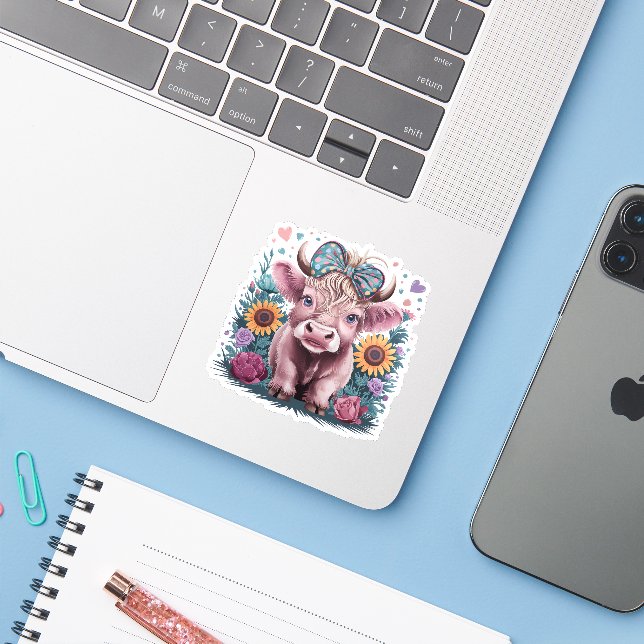 Cute Highland Cow with Teal Flowers Coquette Bow (Laptop w/ iPhone)