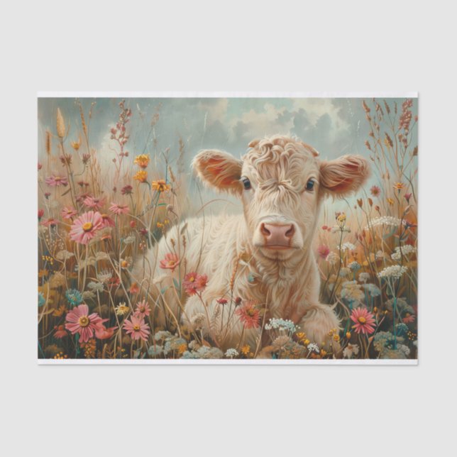 Cute Highland Cow with Wildflowers for Decoupage Tissue Paper (Front)