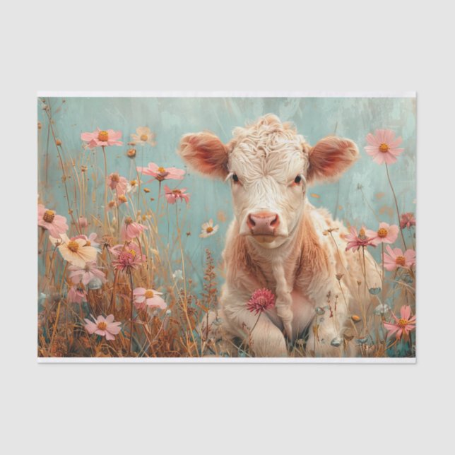 Cute Highland Cow with Wildflowers for Decoupage Tissue Paper (Front)