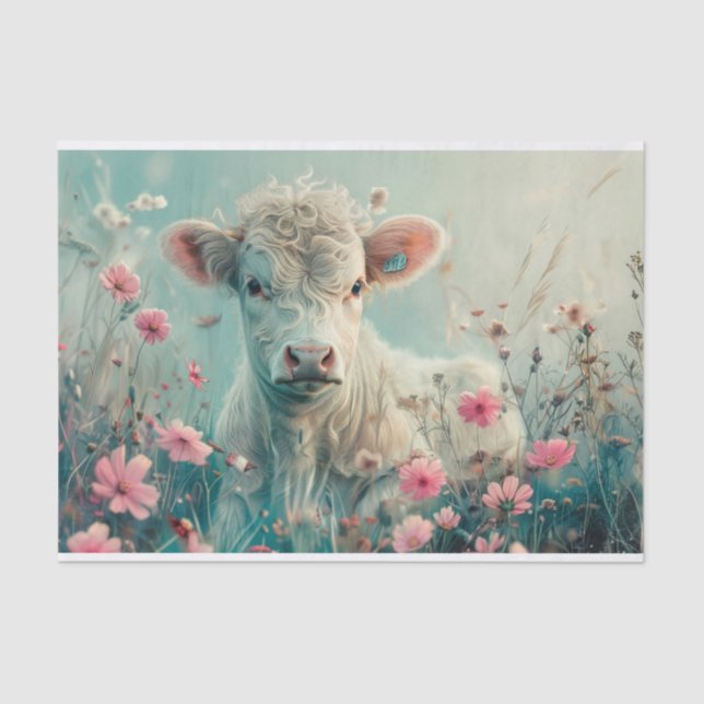Cute Highland Cow with Wildflowers for Decoupage Tissue Paper (Front)