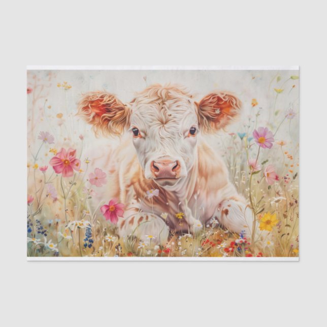 Cute Highland Cow with Wildflowers for Decoupage Tissue Paper (Front)