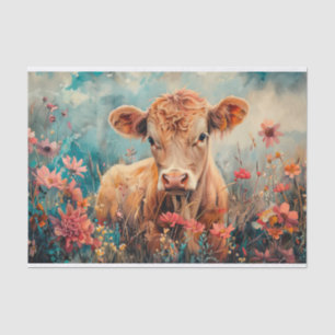 Cute Highland Cow with Wildflowers for Decoupage Tissue Paper