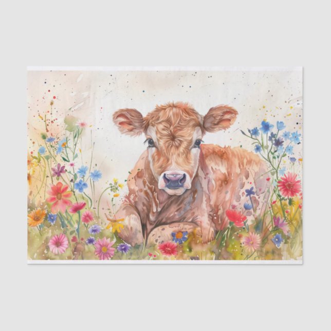 Cute Highland Cow with Wildflowers for Decoupage Tissue Paper (Front)