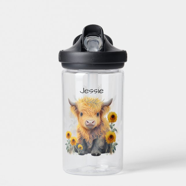 Cute Highland Cow Yellow Floral Sunflowers Name  Water Bottle (Front)