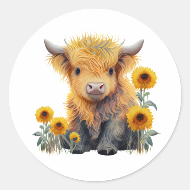 Cute Highland Cow Yellow Sunflower Classic Round Sticker (Front)