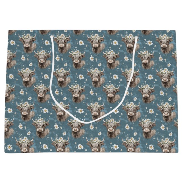Cute Highland Cows and Flowers Large Gift Bag (Front)