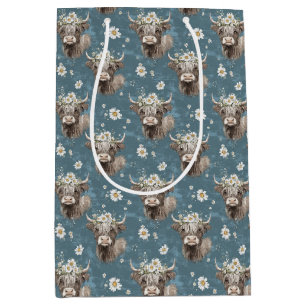 Cute Highland Cows and Flowers Medium Gift Bag