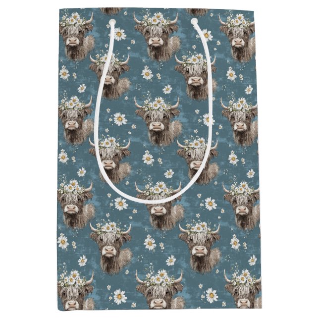 Cute Highland Cows and Flowers Medium Gift Bag (Front)