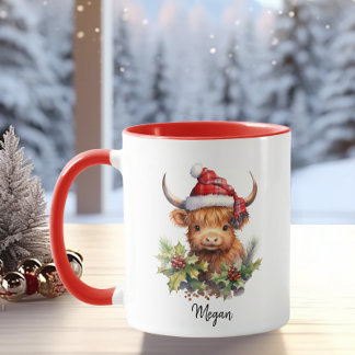 Cute Highland Cows Calf Christmas Santa Plaid Hat Mug