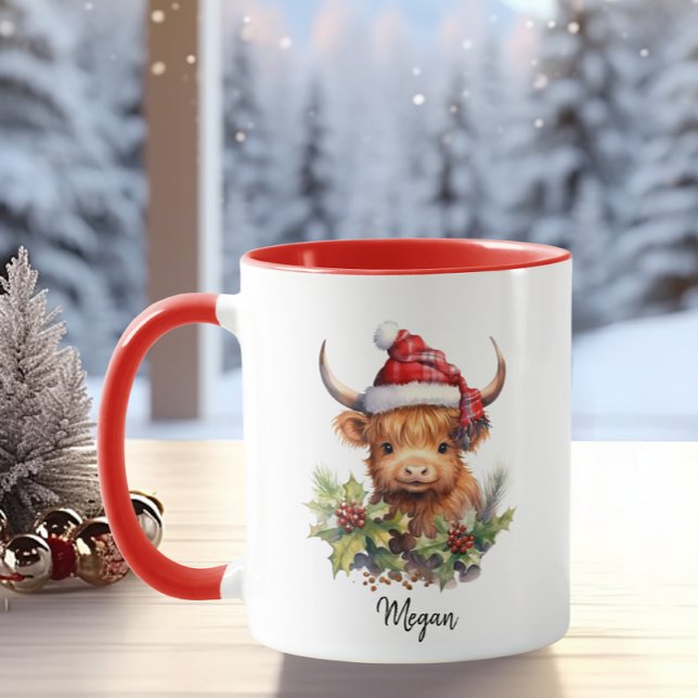 Cute Highland Cows Calf Christmas Santa Plaid Hat Mug (Creator Uploaded)