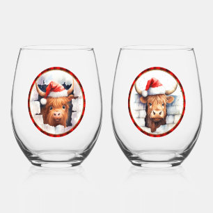 Cute Highland Cows Christmas Hats Editable Text Stemless Wine Glass
