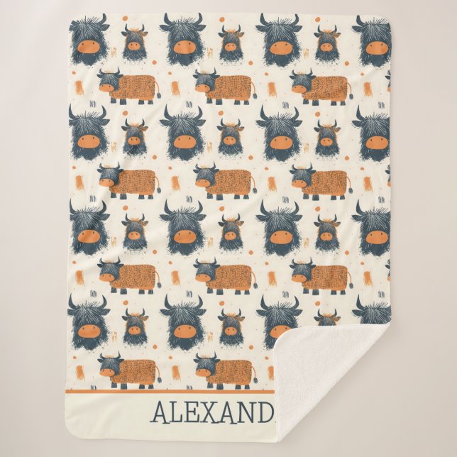 Cute Highland Cows Orange Grey Pattern Sherpa Blanket (Front)
