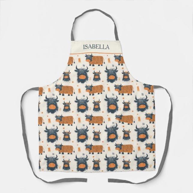 Cute Highland Cows Orange Grey Personalised Apron (Front)